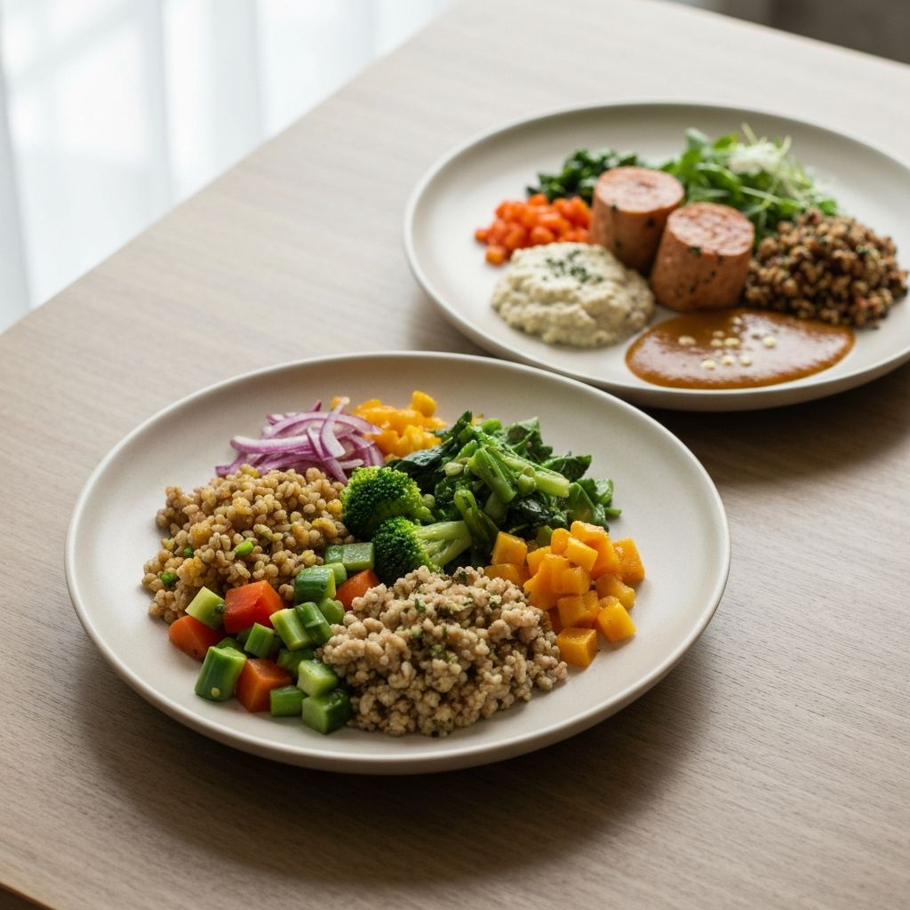 Two balanced plates representing different dietary patterns
